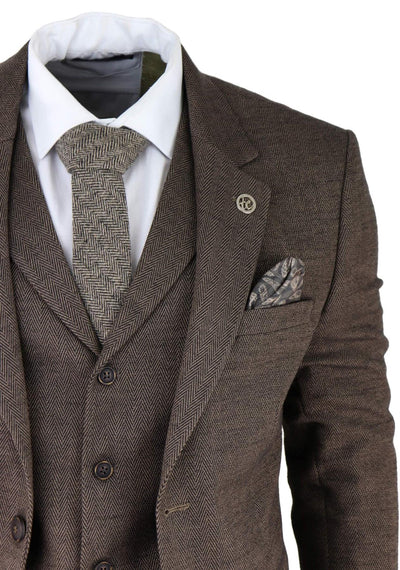 Mens Brown 3 Piece Tweed Herringbone Suit Peaky Blinders Classic Tailored