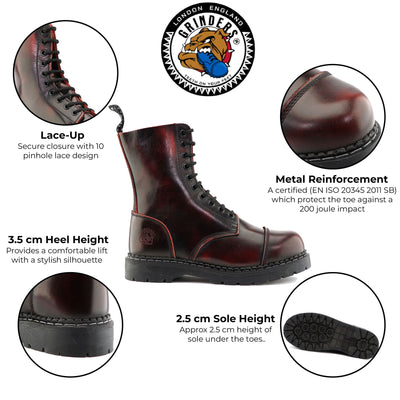 Grinders Unisex Wine Leather Steel Toe Cap Lace Up Boots - Stag ACS