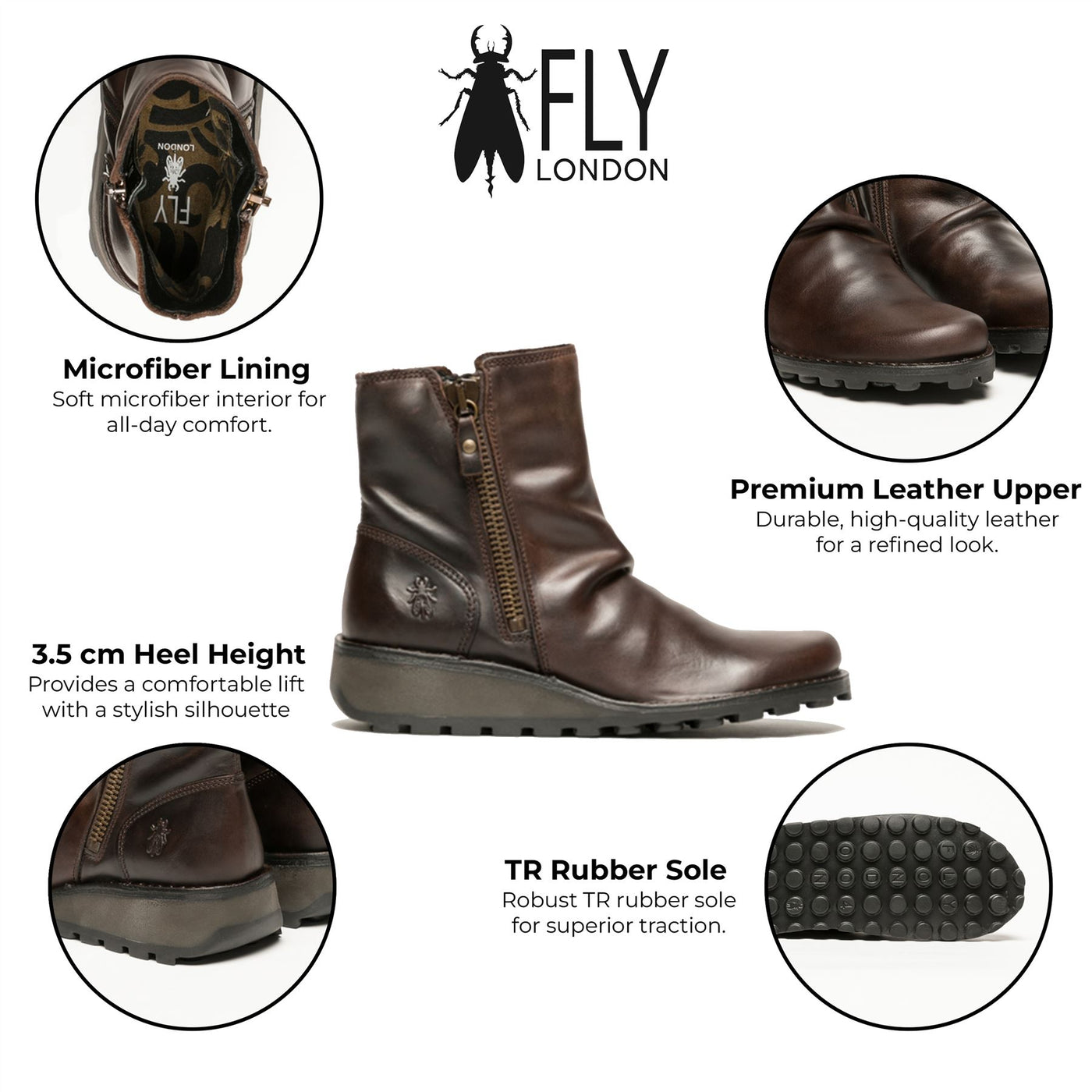 Fly London Womens Brown MON944 Leather Wedge Heel Ankle Zip Up Chelsea Boots