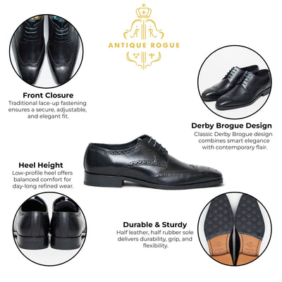 Antique Rogue Men’s Black Leather Oxford Derby Brogue - Luca