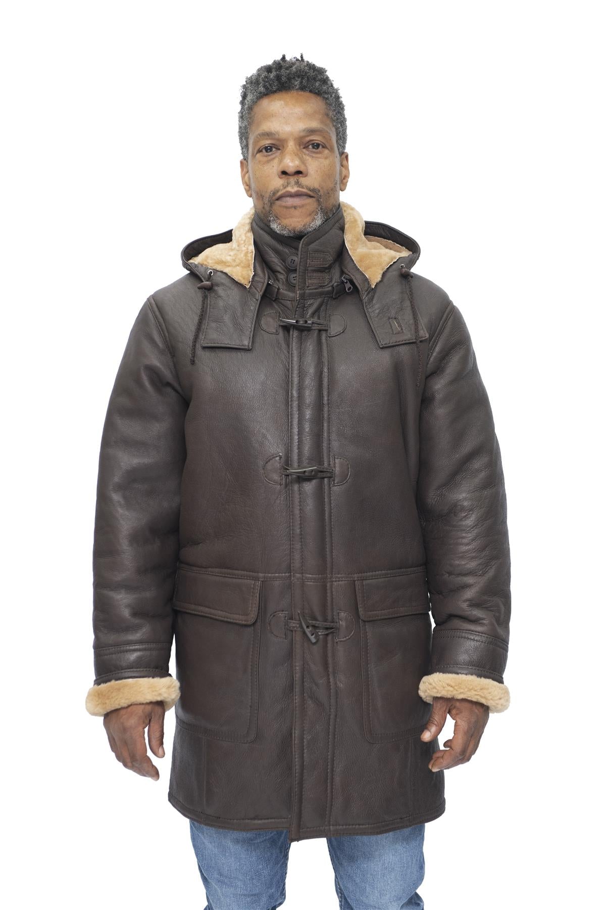 Mens Sheepskin Leather Hooded Duffle Coat-Hanko