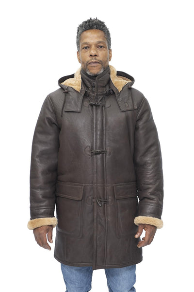 Mens Sheepskin Leather Hooded Duffle Coat-Leatherhead