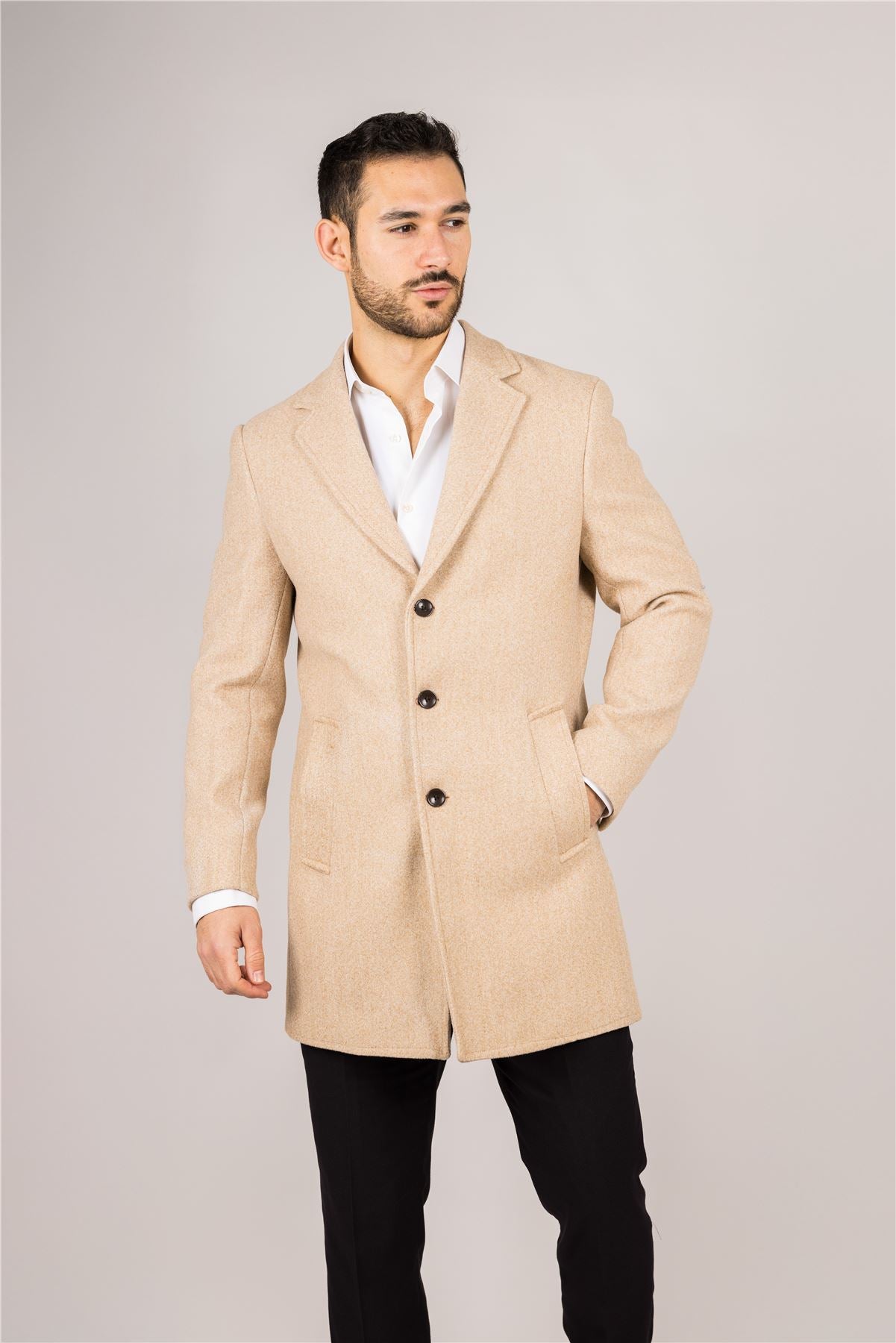 Men's Notched Lapel Collar Wool Blend Beige Overcoat
