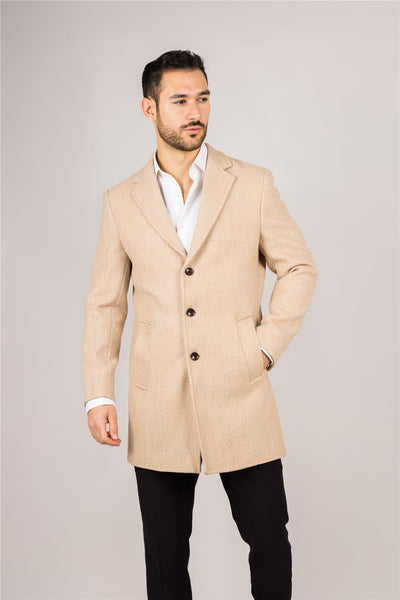 Men's Notched Lapel Collar Wool Blend Beige Overcoat