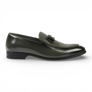 Mens Olive Green Textured Front Iconic Buckle Bow Loafers Shoes