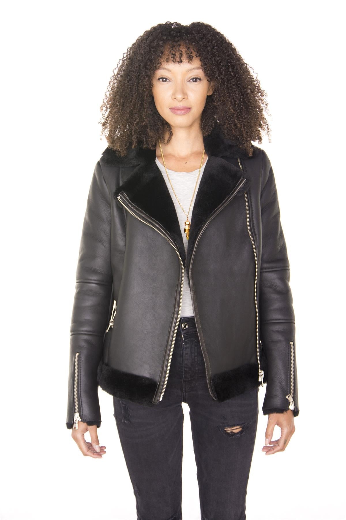 Womens Black Shearling Sheepskin Aviator Jacket-Patchway