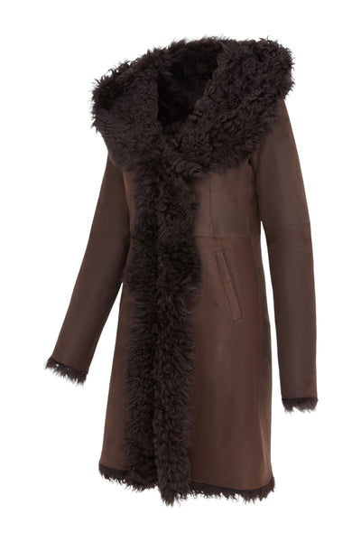 Womens Toscana Sheepskin Leather Hooded Trench Coat - Coast