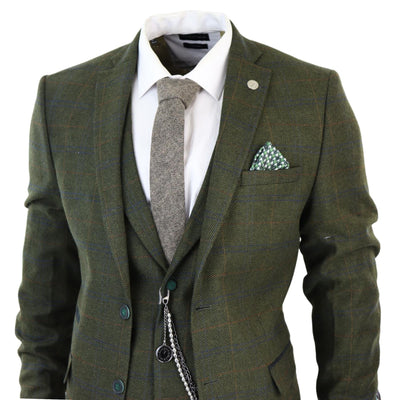 Mens 3 Piece Wool Suit Olive Green Tweed Check Peaky Blinders 1920 Gatsby Formal