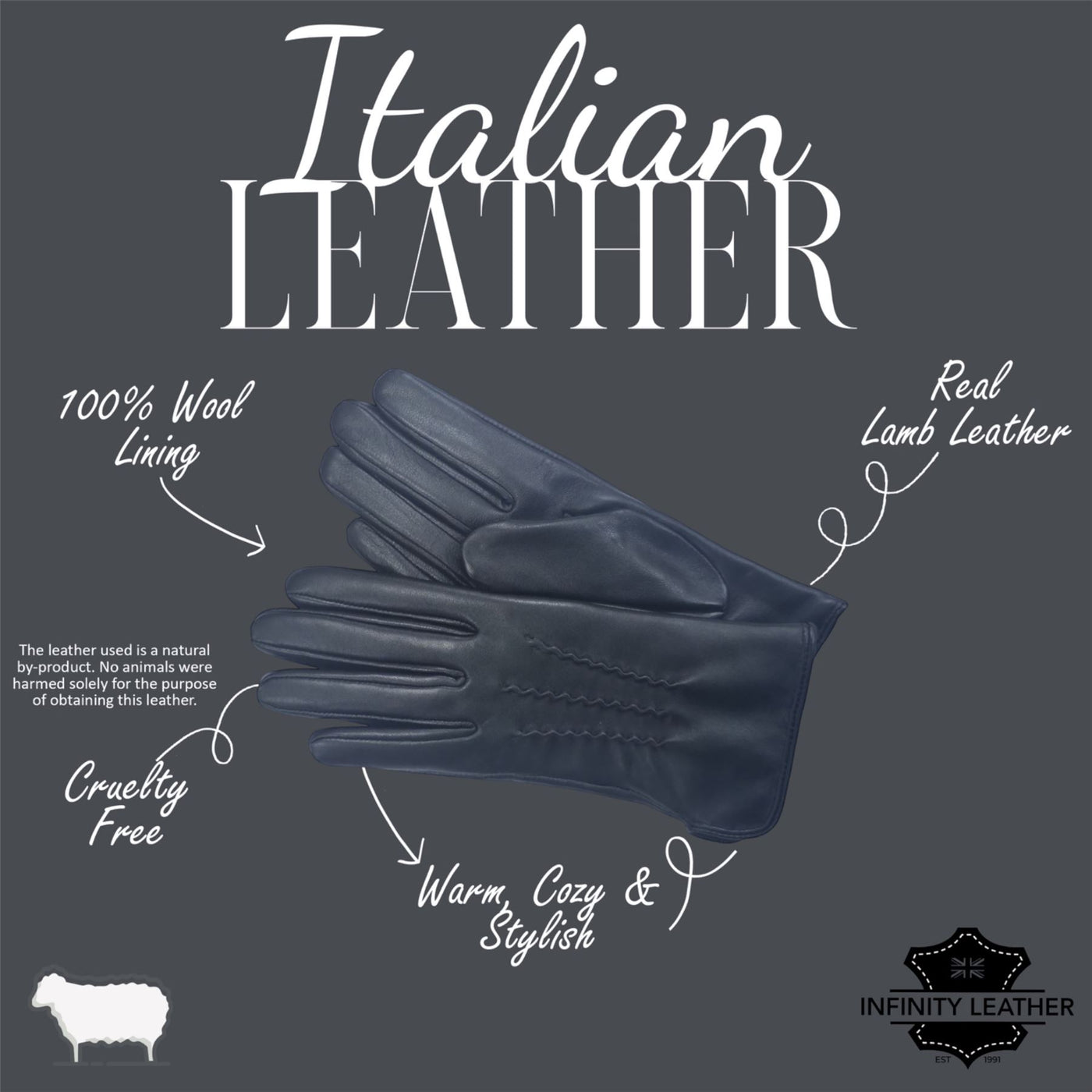 Womens Italian Leather Winter Stitch Line Design Soft Wool Lining Gloves - L-GLV-301