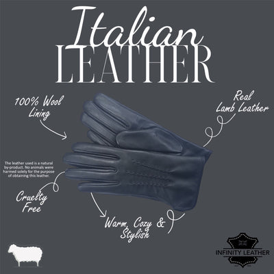 Womens Italian Leather Winter Stitch Line Design Soft Wool Lining Gloves - L-GLV-301