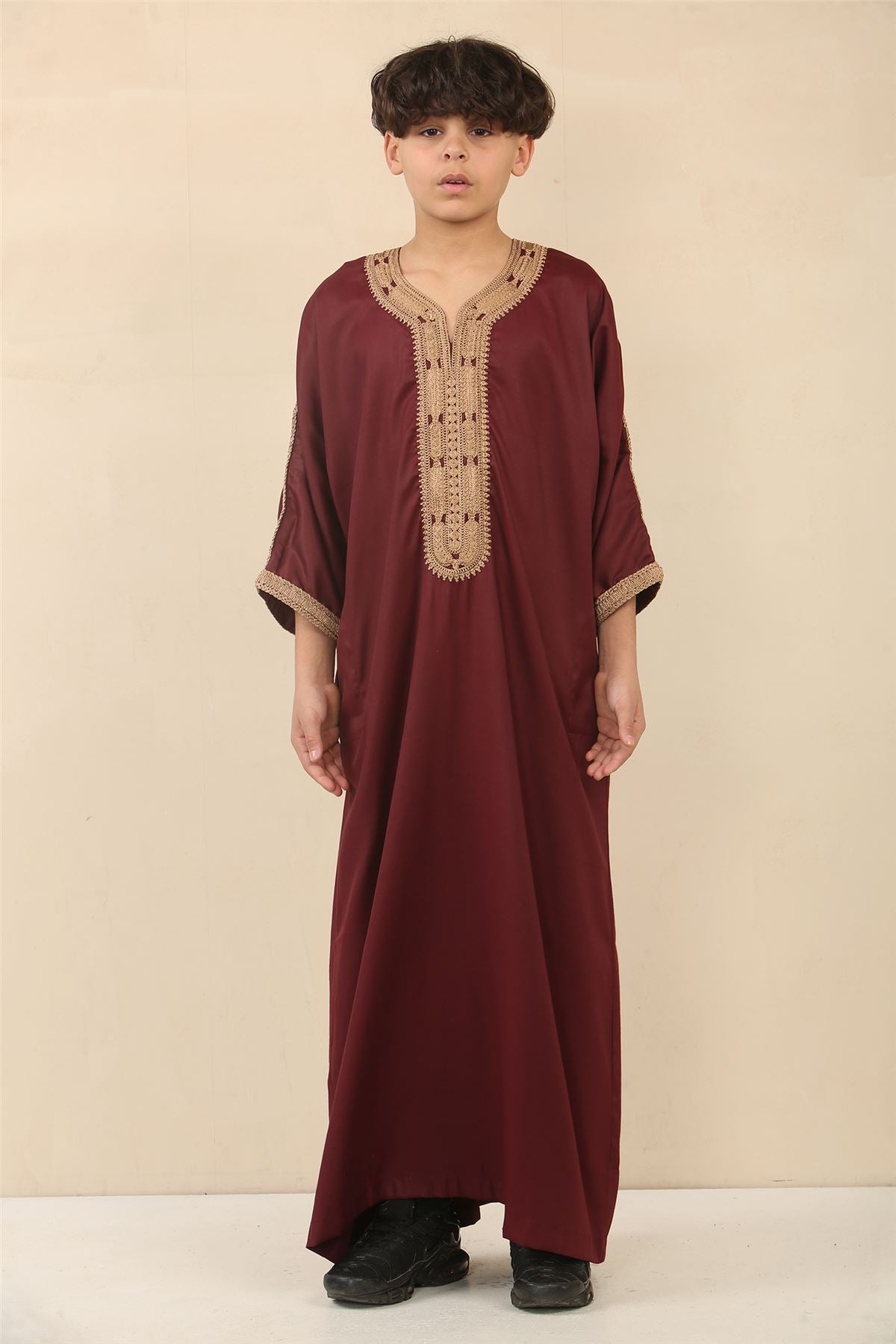 Kid's Boys Burgundy Moroccan Thobe Jubba Robe Eid Djellaba Gandoura