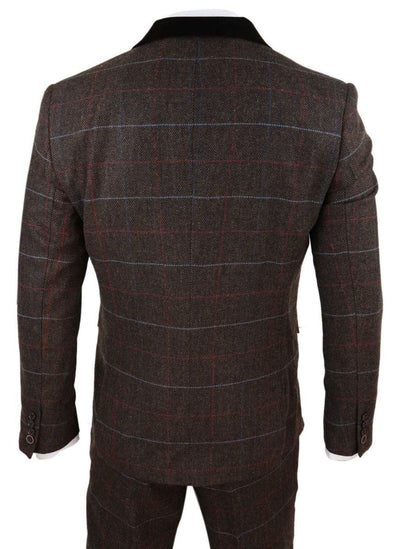Mens 3 Piece Dark Brown Check Tweed Herringbone Vintage Classic Suit
