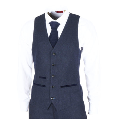 Men's Navy Blue Wool Blend Tweed Formal Waistcoats