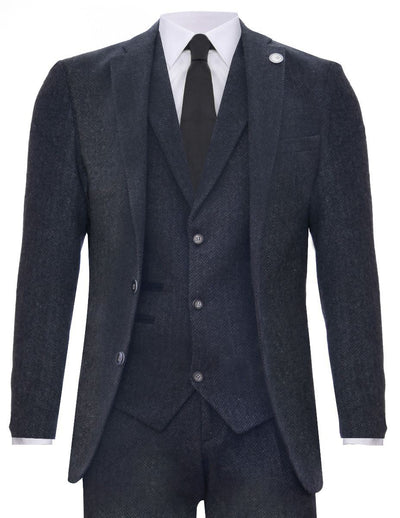 Men's 3 Piece Charcoal Grey Herringbone Tweed Suit