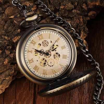 Antique Gold Wooden Half-Hunter Skeleton Alloy Pocket Watch