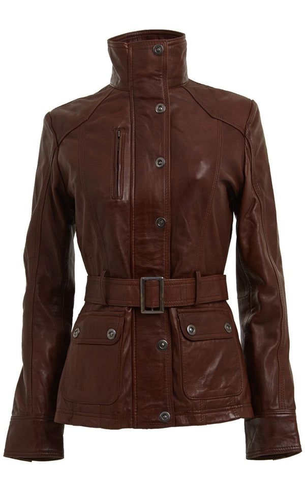 Womens Leather Military-Inspired Biker Jacket-Middleton - Upperclass Fashions 