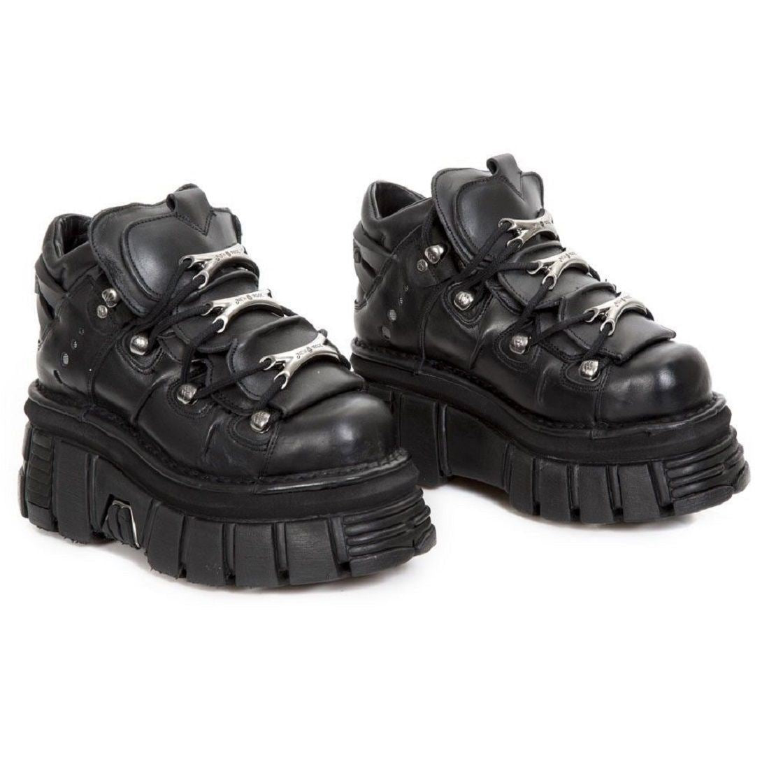 NEW ROCK 106-S29 TOWER SHOES Metallic Black Leather Biker Punk Gothic Boots