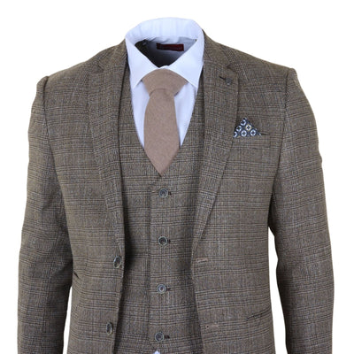 Men's 3-Piece Brown Classic Check Suit Slim Fit Plaid Formal Party Suit