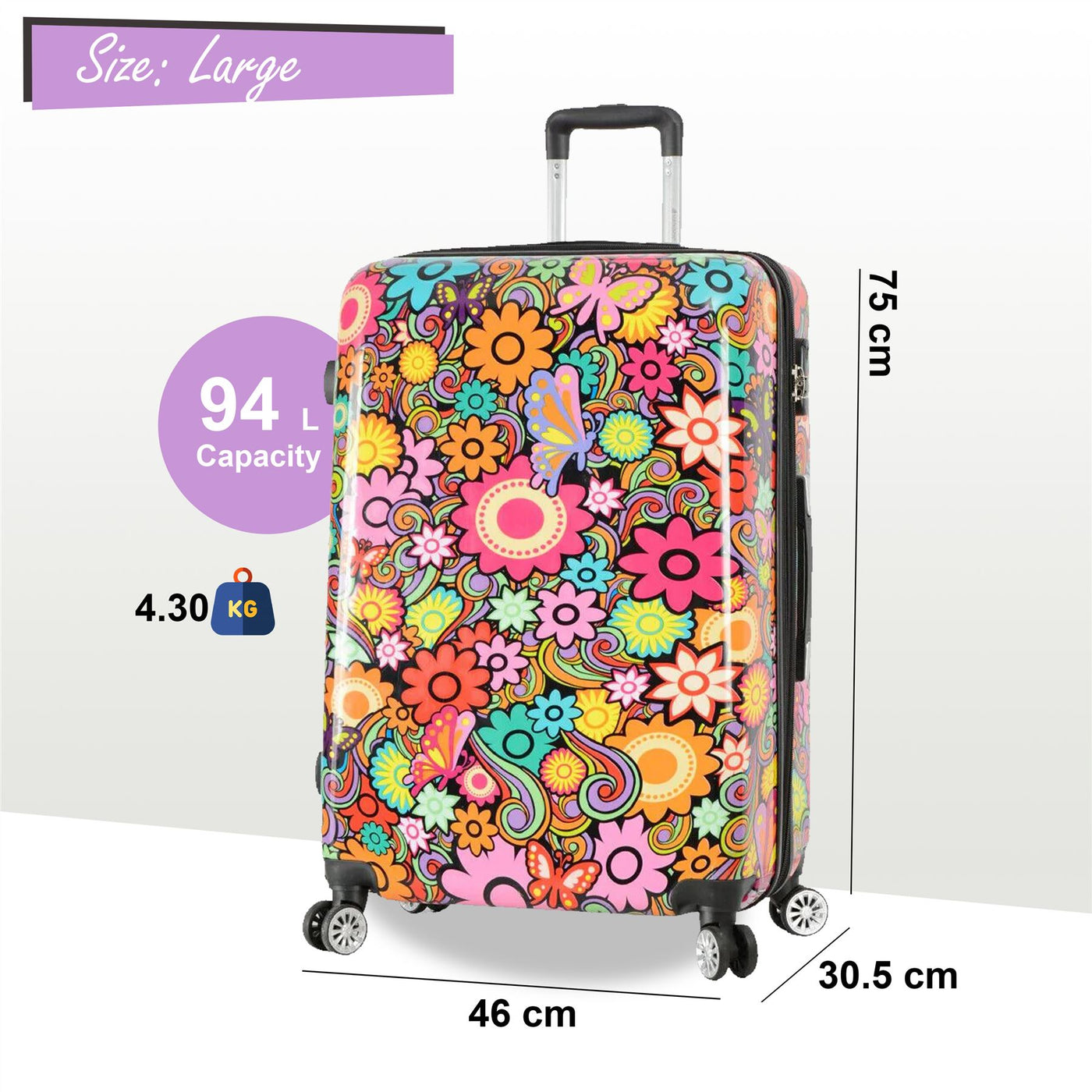 Hardside Shell Suitcase Set Printed Luggage Lightweight Cabin Travel Bag