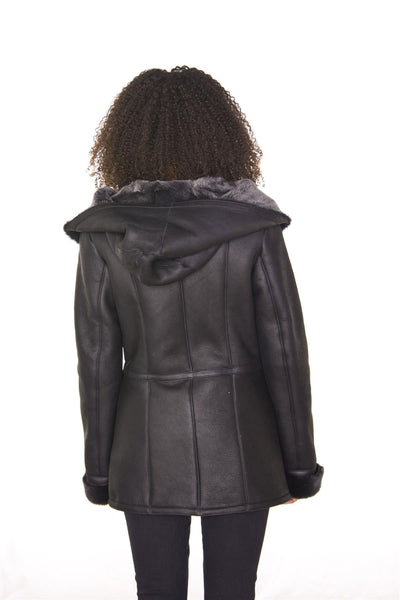 Womens Black Hooded Merino Sheepskin Jacket-Rothwell