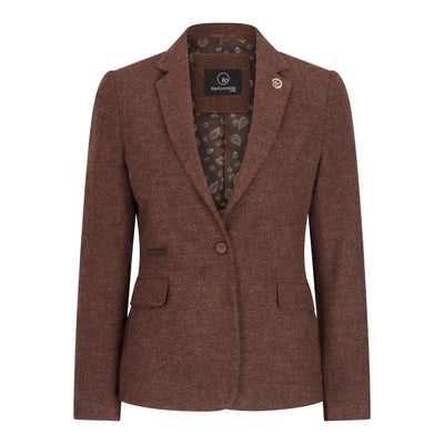 Women's Rust Brown 2 Piece Set Herringbone Wool Tweed Check Blazer Waistcoat