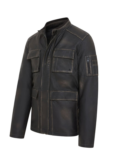 Mens Vintage Black Leather Safari Jacket - Fagernes