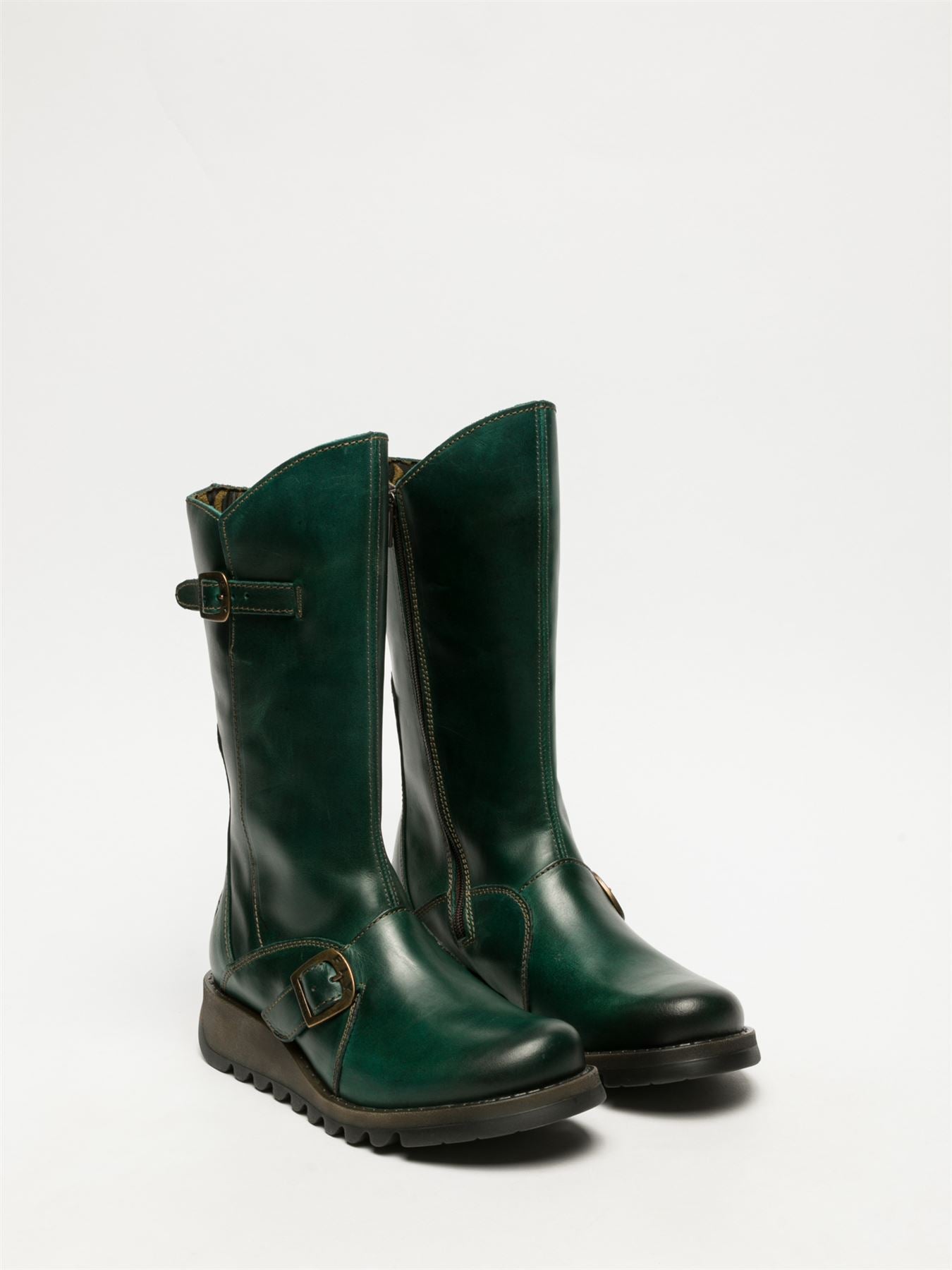 Fly London Womens Green MES 2 Wedge Heel Buckle Mid-Calf Leather Zip Platform Boots