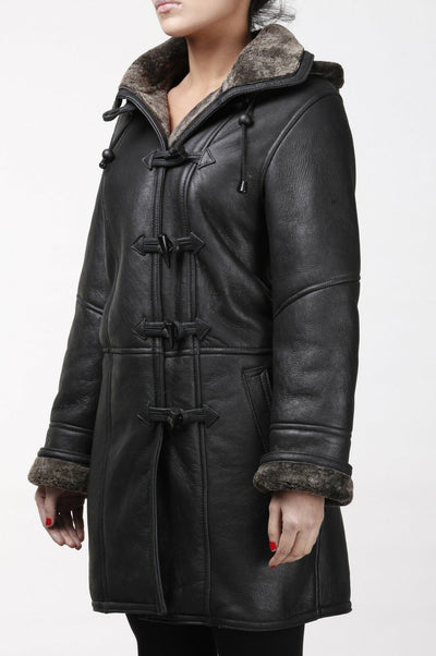 Womens Black Shearling Hooded Duffle Coat-Lille