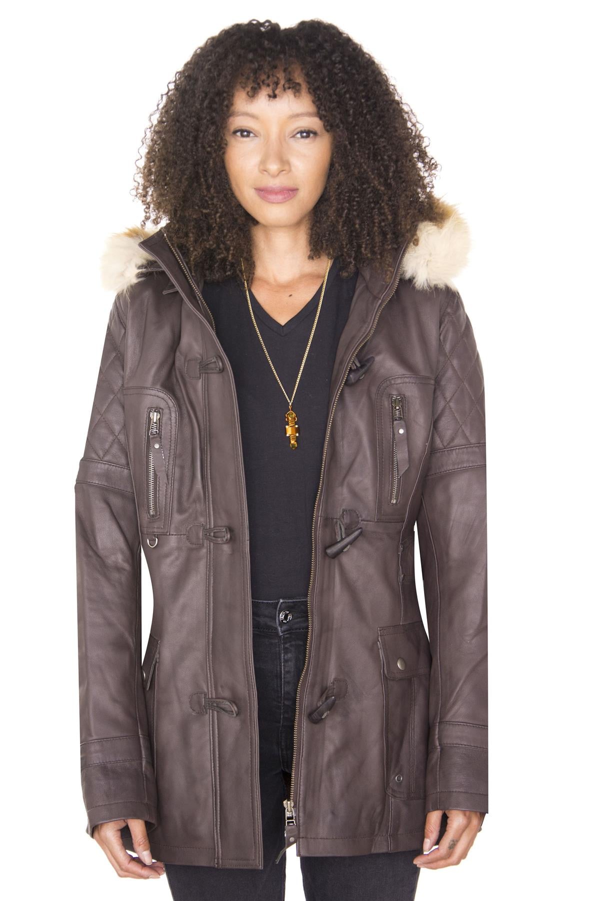 Womens Quilted Leather Parka Jacket-Brussels