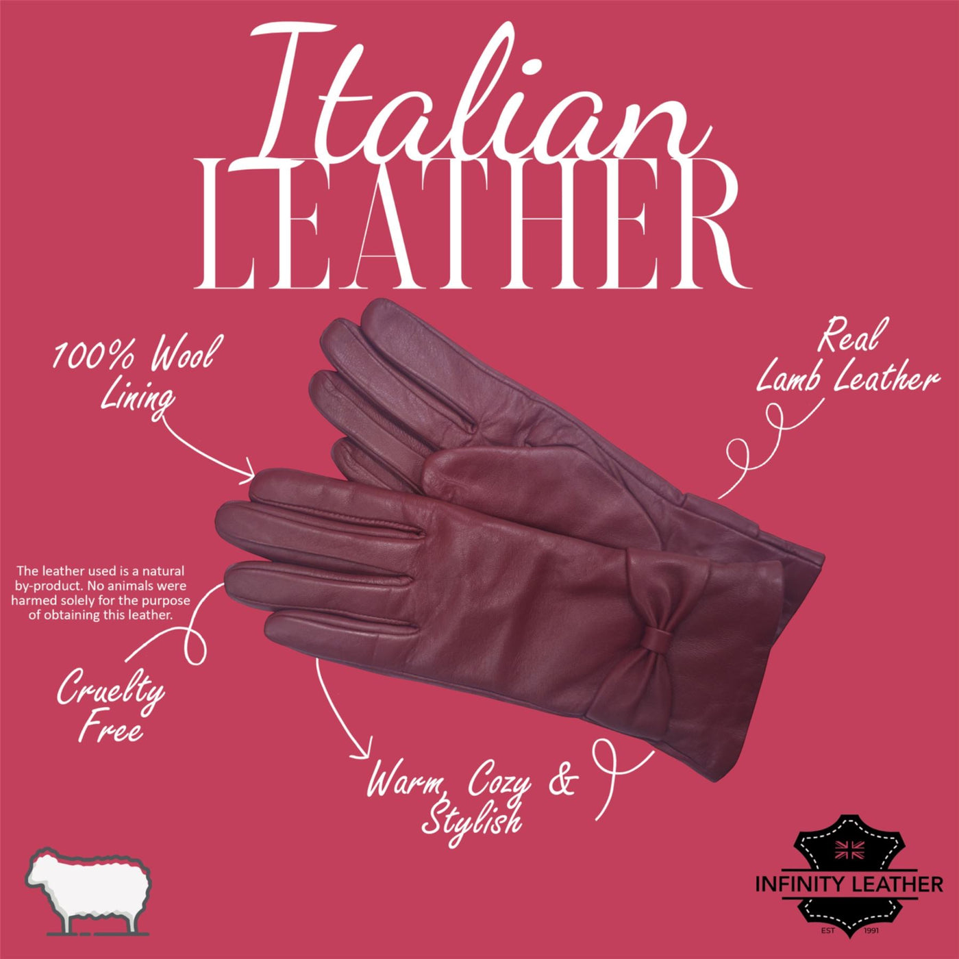 Womens Italian Leather Winter Bow Design Soft Wool Lining Gloves - L-GLV-401