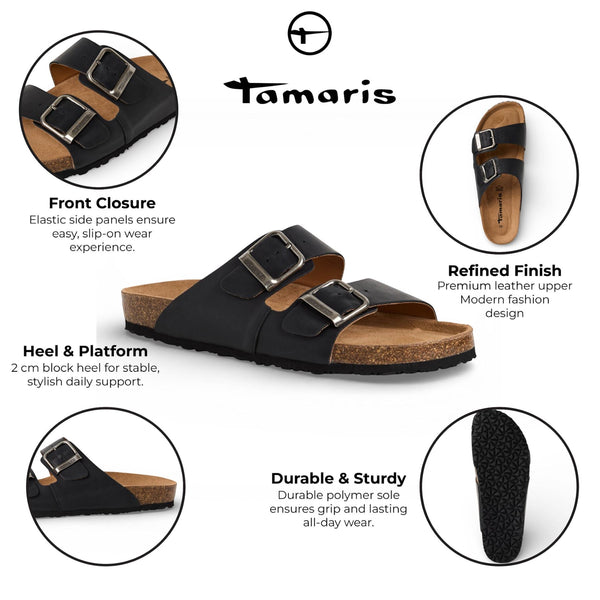 Tamaris Men's Black Leather Slip-On Footbed Slipper Sandals