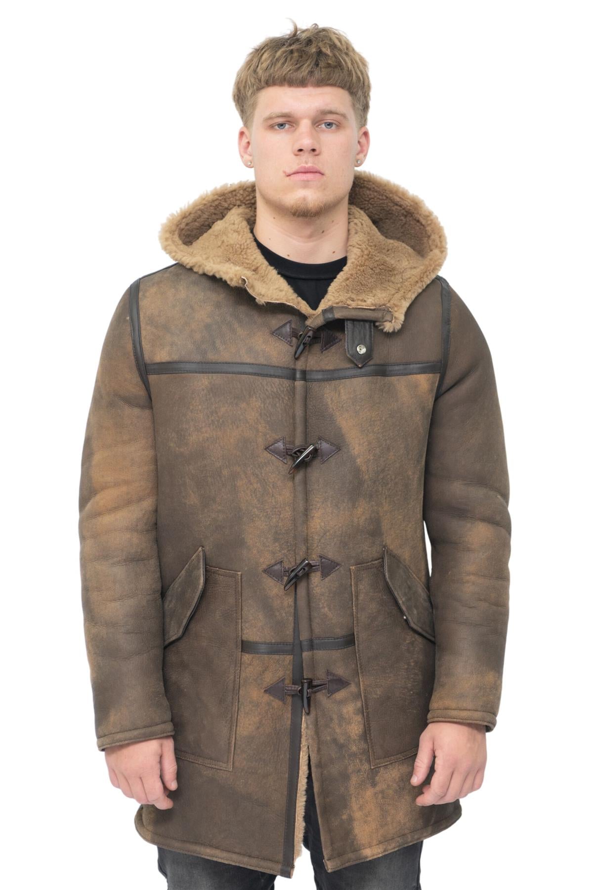 Mens Antique Sheepskin Duffle Coat-Leyburn