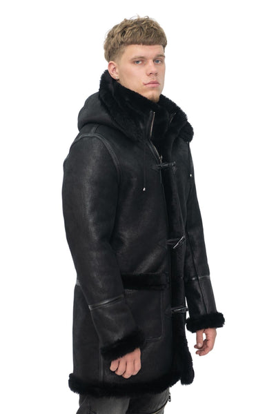 Mens Winter Sheepskin Hooded Duffle Coat-Isleworth