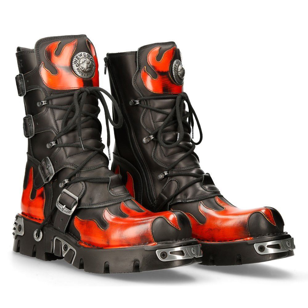 New Rock Flame Accented Black/Red Leather Boots- 591-S1
