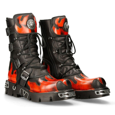New Rock Flame Accented Black/Red Leather Boots- 591-S1