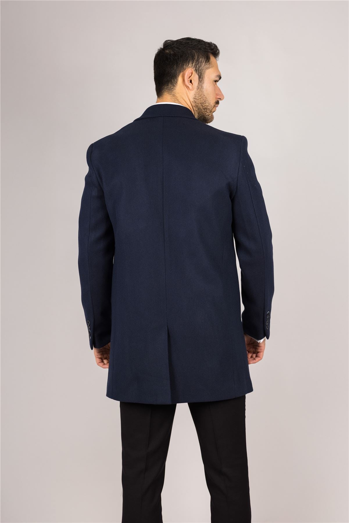 Men's Notched Lapel Collar Wool Blend Navy Overcoat