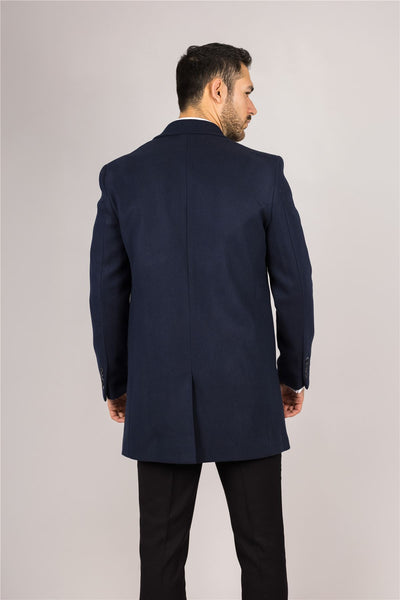 Men's Notched Lapel Collar Wool Blend Navy Overcoat