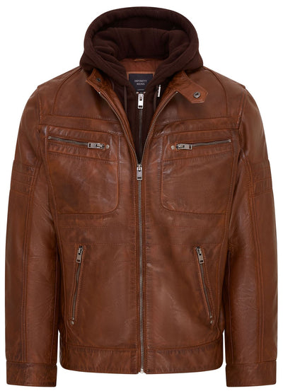 Mens Hooded Leather Biker Jacket - Stavern