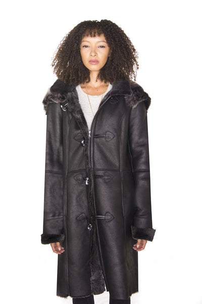 Womens Black Sheepskin Hooded Duffle Coat-Ottawa