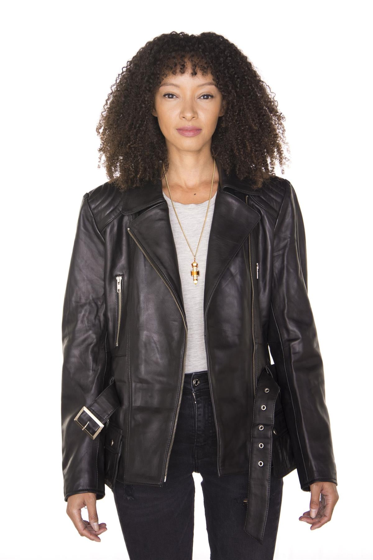 Womens Long Leather Biker Jacket-Quito