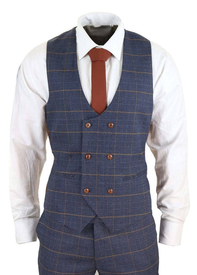 Mens 3 Piece Navy Blue Retro Check Vintage Classic Suit