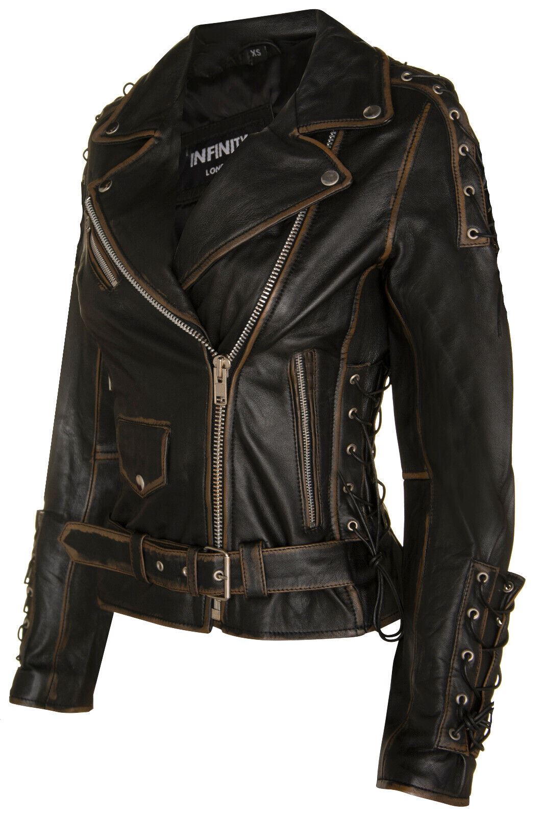 Womens Brando Black Leather Biker Jacket-Bari