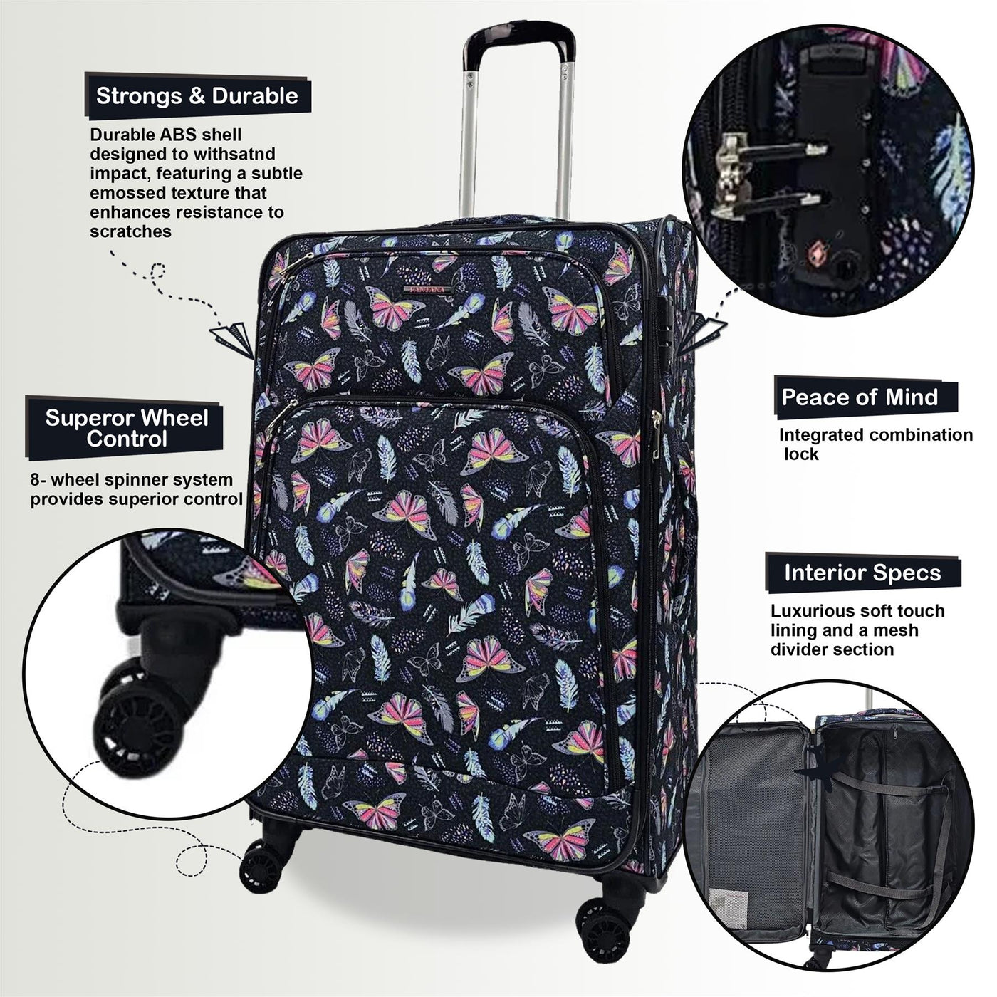 Lightweight Print Suitcases 8 Wheel Luggage Travel Soft Bags Set