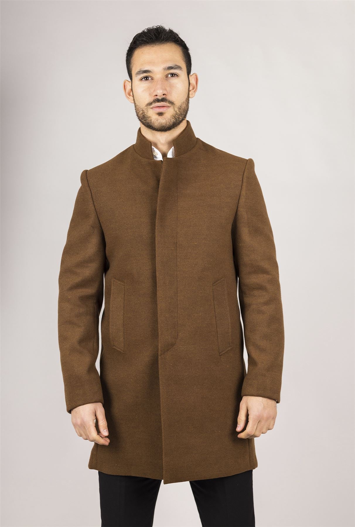 Men's Brown Stand Collar Wool Blend Overcoat
