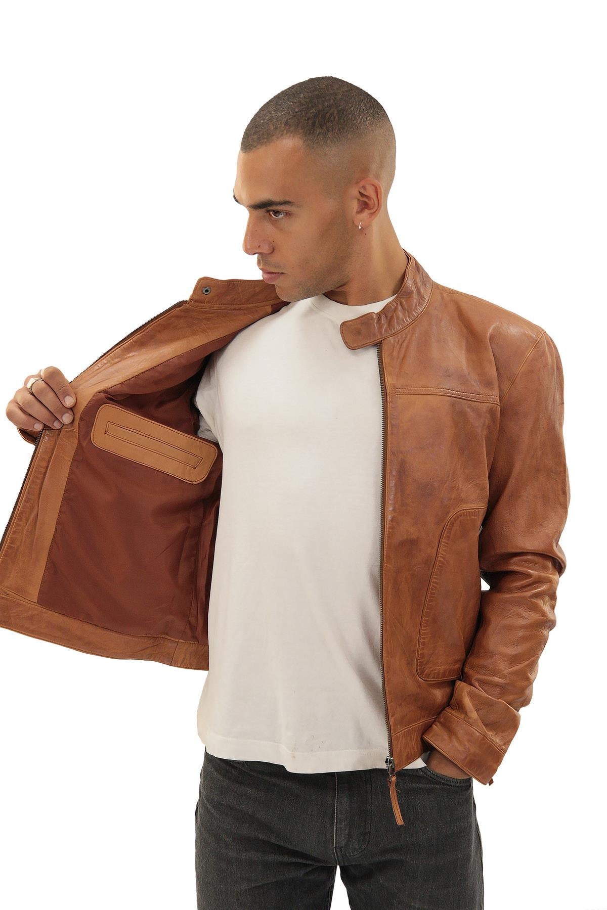 Men’s Classic Fitted Leather Biker Jacket-Austin