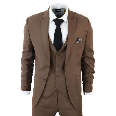 Mens IM1 Classic Plain Brown 3 Piece Suit