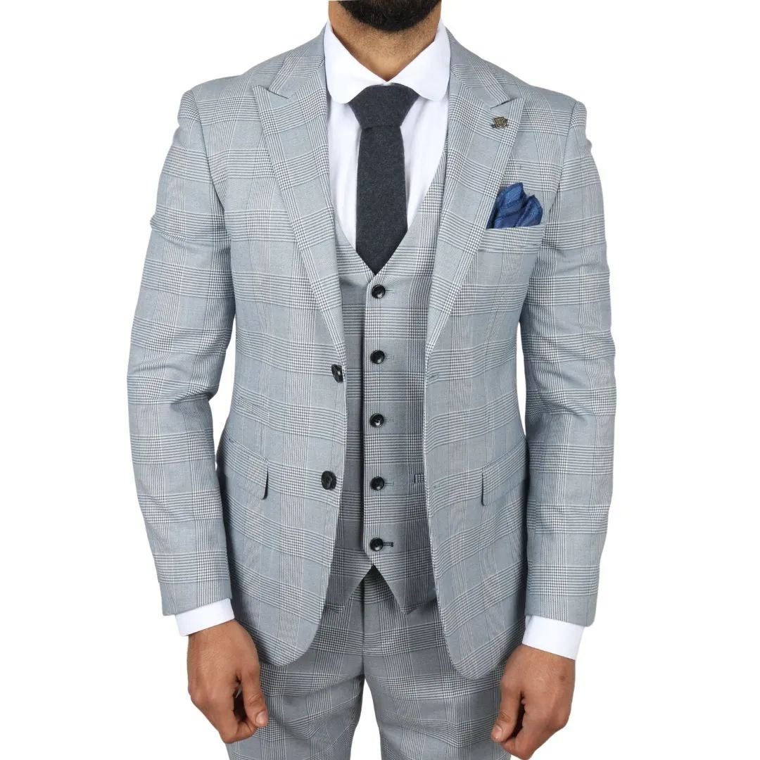 Men's Blue Checked 3 Piece Suit Tailored Fit Suit Formal Wedding