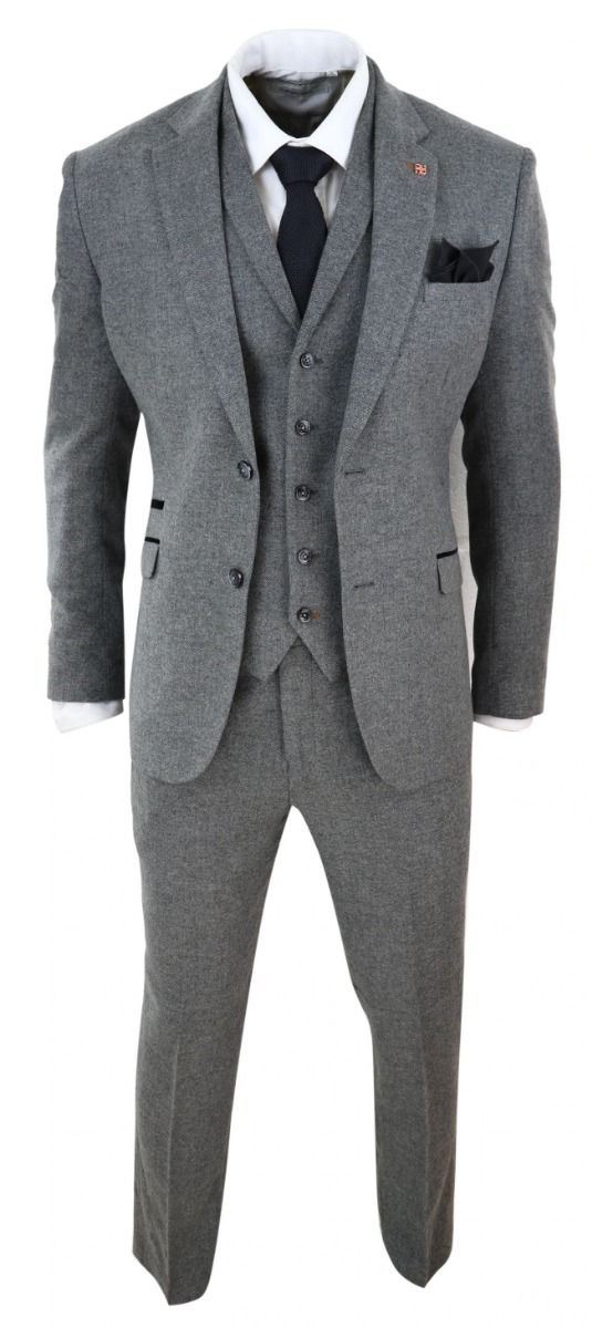 Mens 3 Piece Dark Grey Herringbone Wool Tweed Retro Suit
