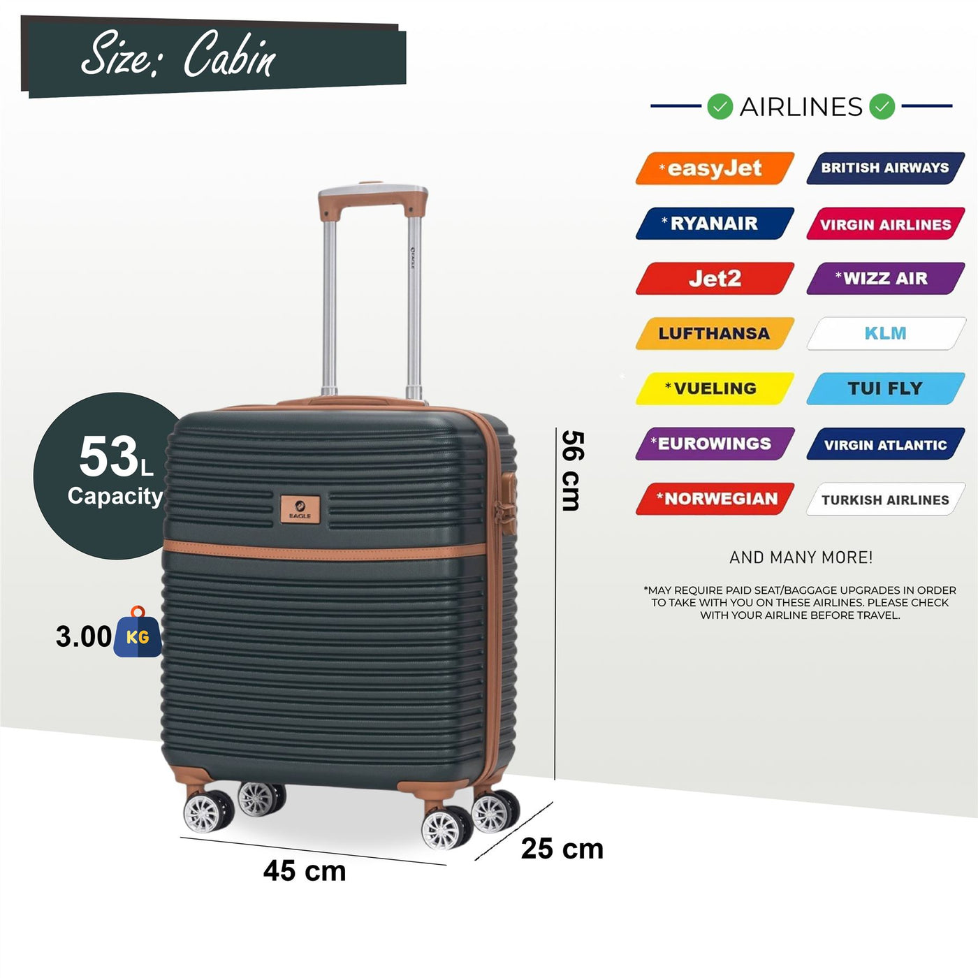 Strong ABS Hardshell Cabin Suitcase 56 x 45 x 25 cm Luggage Suitable for British Airways