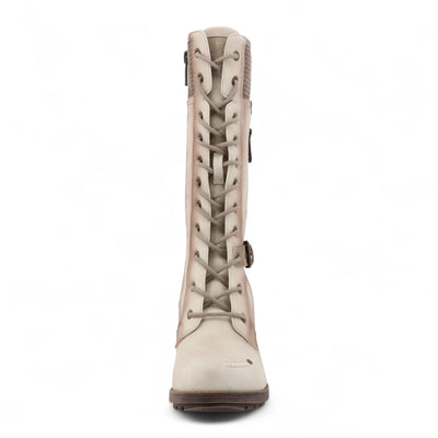 Mustang Women's Cream White Mid-Calf Lace Up Heeled Combat Boots